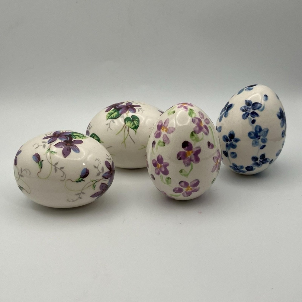 4 Vintage 1990's Ceramic Floral Hand Glazed Easter Eggs Paint & Decals / Crazing